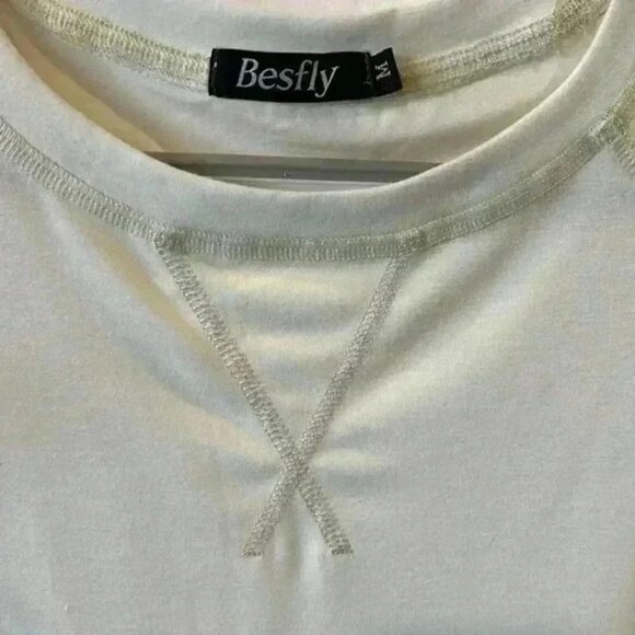 BESFLY WOMENS SOFT CREWNECK CUFFED SHORT SLEEVE TOP LIGHTWEIGHT OFF WHITE SIZE M - Picture 3 of 9